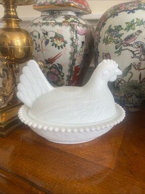 White Milk Glass Hen on Nest - Indiana Glass